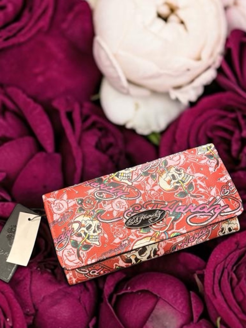 Ed Hardy skull & rose print rhinestone, embellished, trifold wallet NWT